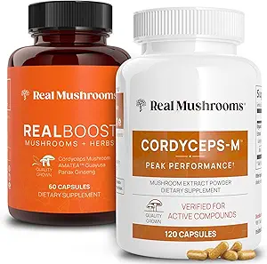 Reale Pilze RealBoost (60ct) und Cordyceps (120ct) Kapseln Bundle - Pilzergänzung für Energie, Vitalität und Ausdauer - Energie Vitamine w/Ginseng, Guayusa - Vegan, Non-GMO