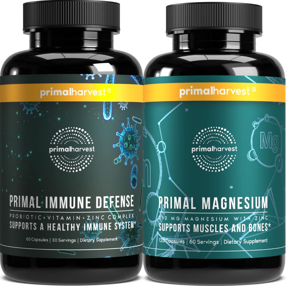 Magnesium Supplement & Immune Defense Supplements für Frauen und Männer von Primal Harvest - Joint Support Kapseln und Probiotic + Zink + Vitamin Complex Pills Bundle