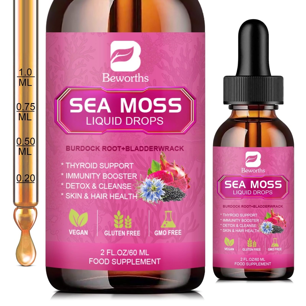 Sea Moss Liquid Drops - Organic Black Seed Oil Irish Sea Moss Gel mit Burdock Root, Bladderwrack, Elderberry, Vitamin C, D3, 6X Stronger Seamoss Gel für Verdauung, Haargesundheit - Vegan