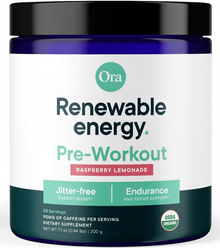 Ora Organic Natural Pre Workout Powder - Raspberry Lemonade Flavor- Bietet Jitter Free Energy, Focus, Hydration, & Endurance - Vegan, Certified Organic, Soy, Dairy, & Gluten Free, 20 Portionen