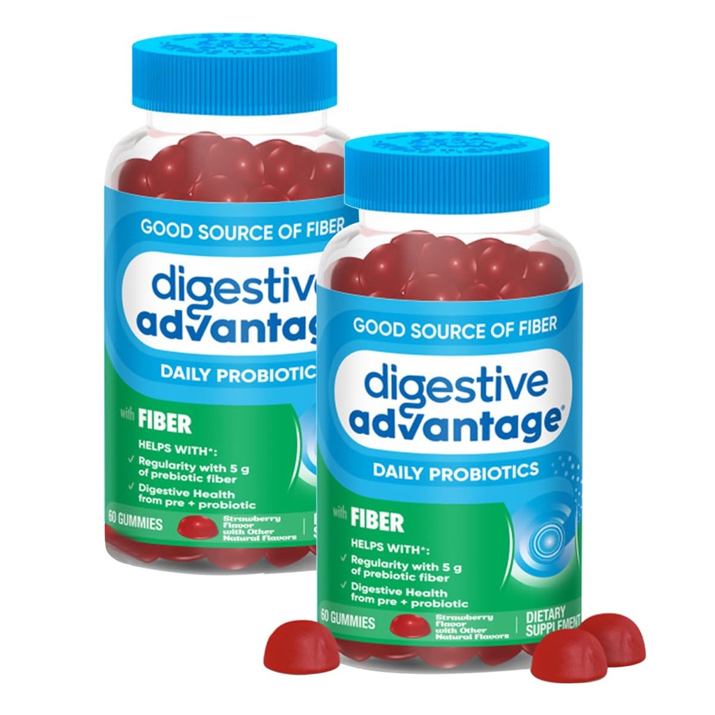 Verdauungsvorteil Präbiotische Faserergänzung Strawberry Flavor Gummis mit Probiotika für Frauen &amp; Männer Verdauungsmedizin, Erwachsene Regelmäßigkeit und Gut Gesundheit, 60 Count (2 Pack)