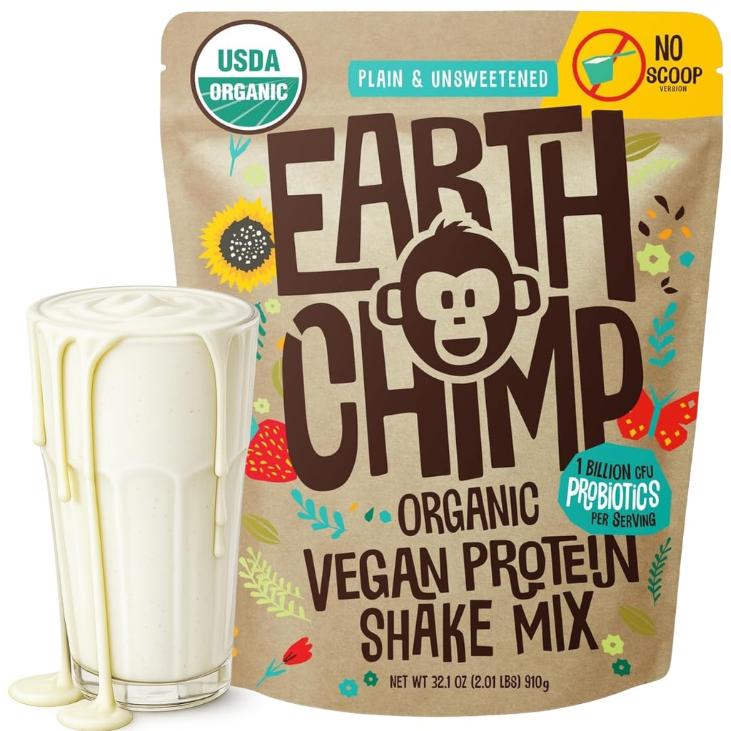 EarthChimp Organic Vegan Protein Powder - mit Probiotics - Non GMO, Dairy Free, Non Whey, Plant Based Protein Powder für Frauen und Männer, Glutenfrei - 26 Servierungen 32 Oz (Plain & Unsweetened) No Scoop