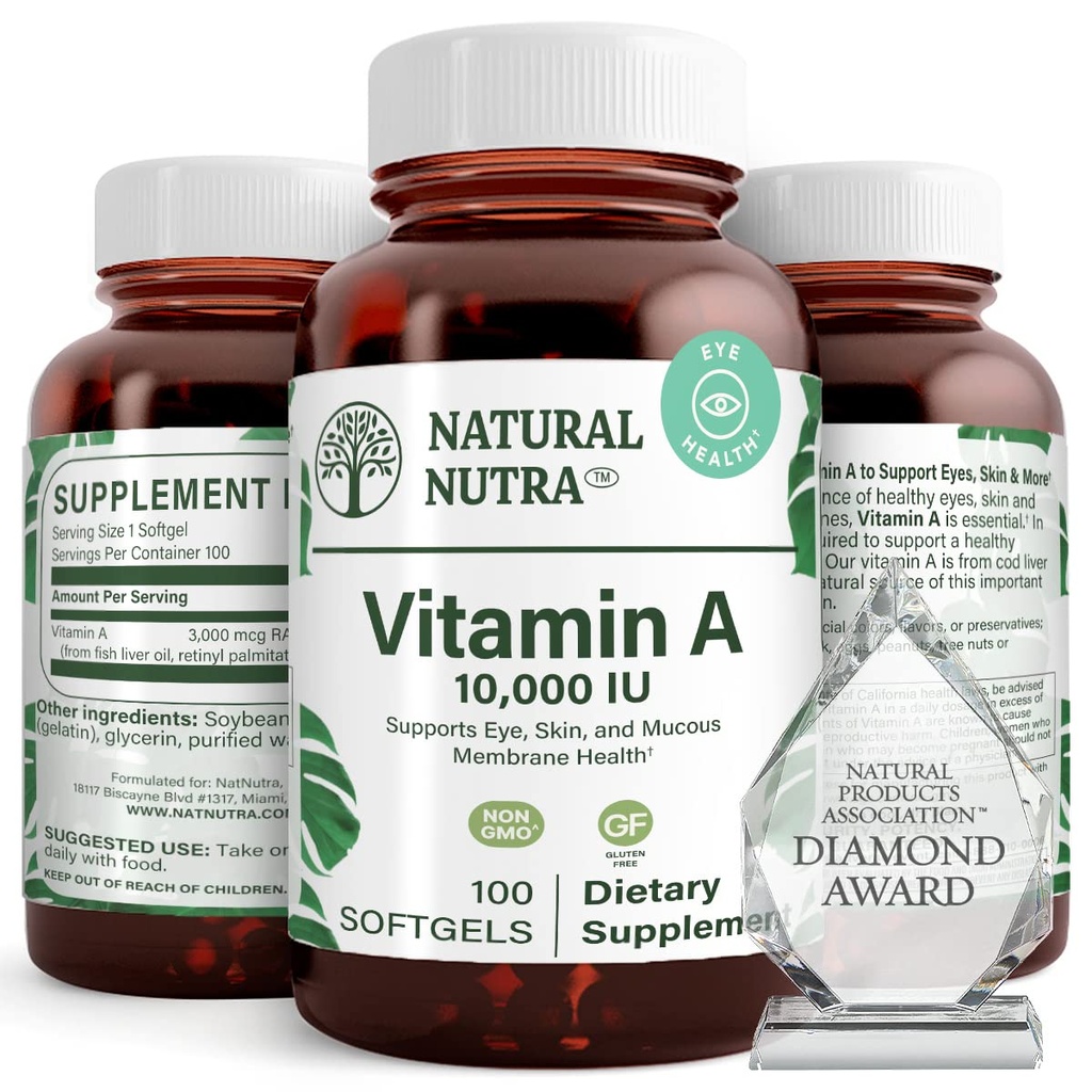 Natürliche Nutra Vitamin A 10.000 IU Softgels – Hohe Potenz Augen und Haut Vitamine – Glutenfreies Vitamin Ein Nahrungsergänzungsmittel für Seh- und Hautgesundheit – Fish Liver Oil for Men and Women, Gluten Free 100 Softgels