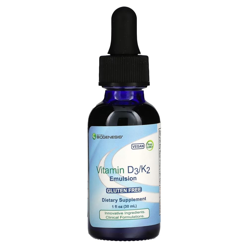 Nutra Biogenesis Vitamin D3/K2 Emulsion - Flüssiges Vitamin D Tropfen mit MCT Öl, D3 K2 Ergänzung für Erwachsene und Kinder, Sublingual Oil Dropper für Damen und Herren - 1 Fl Oz Flasche (30 ml)