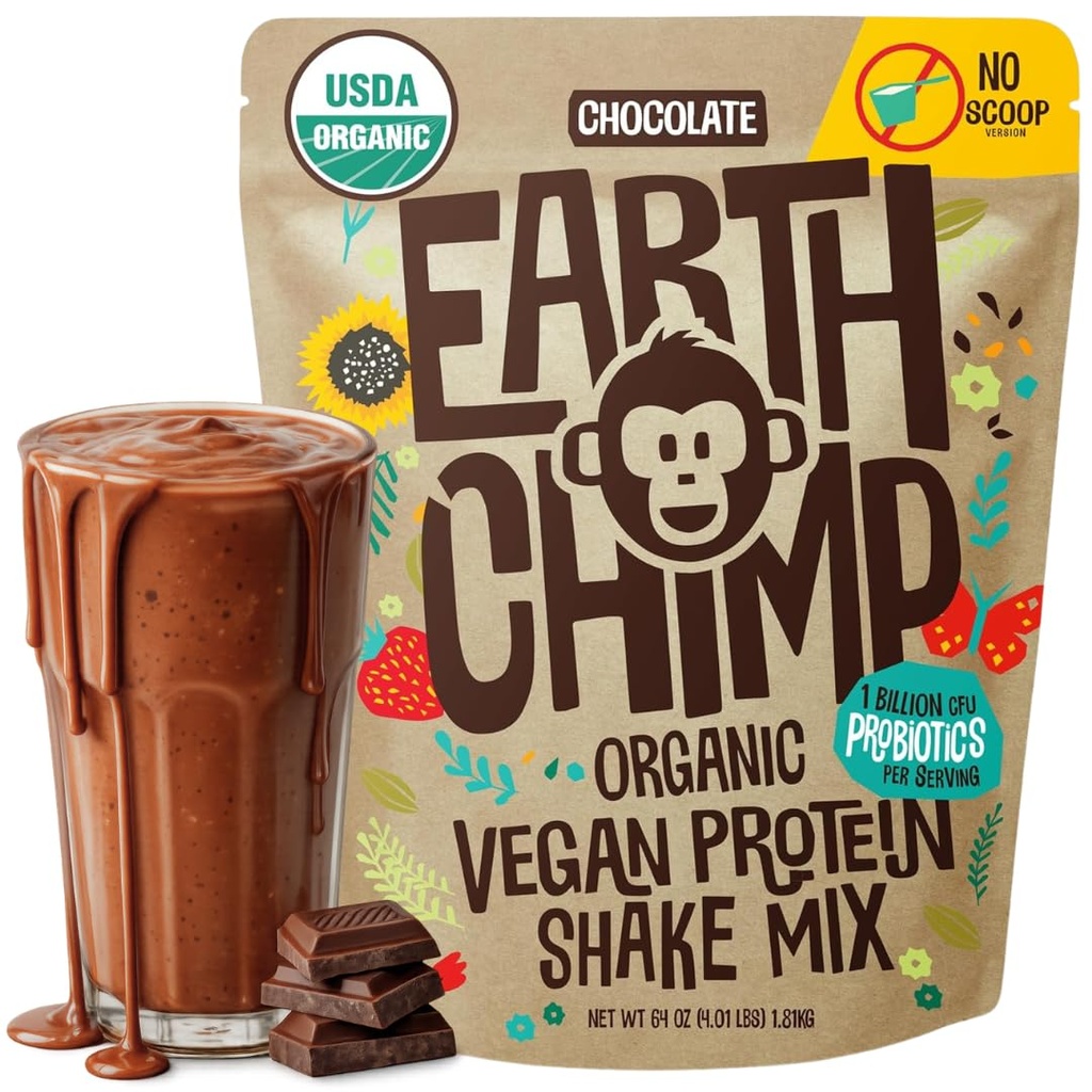 EarthChimp Organic Vegan Protein Powder - mit Probiotics - Non GMO, Dairy Free, Non Whey, Pflanzenbasiertes Proteinpulver für Frauen und Männer, Glutenfrei - 52 Servierungen 64 Oz (Chocolate) No Scoop