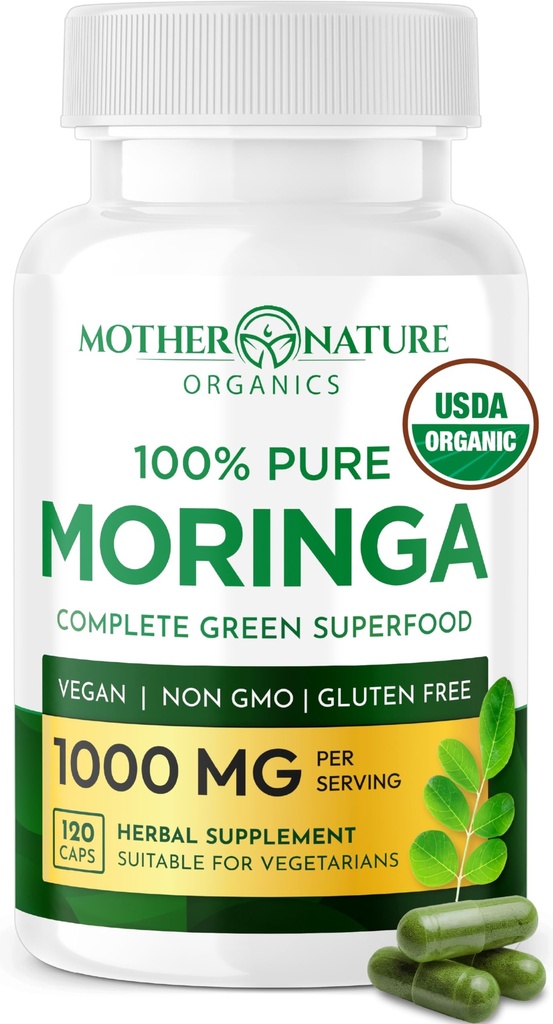 Mutter Natur Bios Moringa Kapseln – Bio Moringa Blatt Pulver, Single Origin, Energie & Immun Unterstützung, Stoffwechsel, Fokus, Vitamin C – Vegan, 500mg, 120 Kapseln