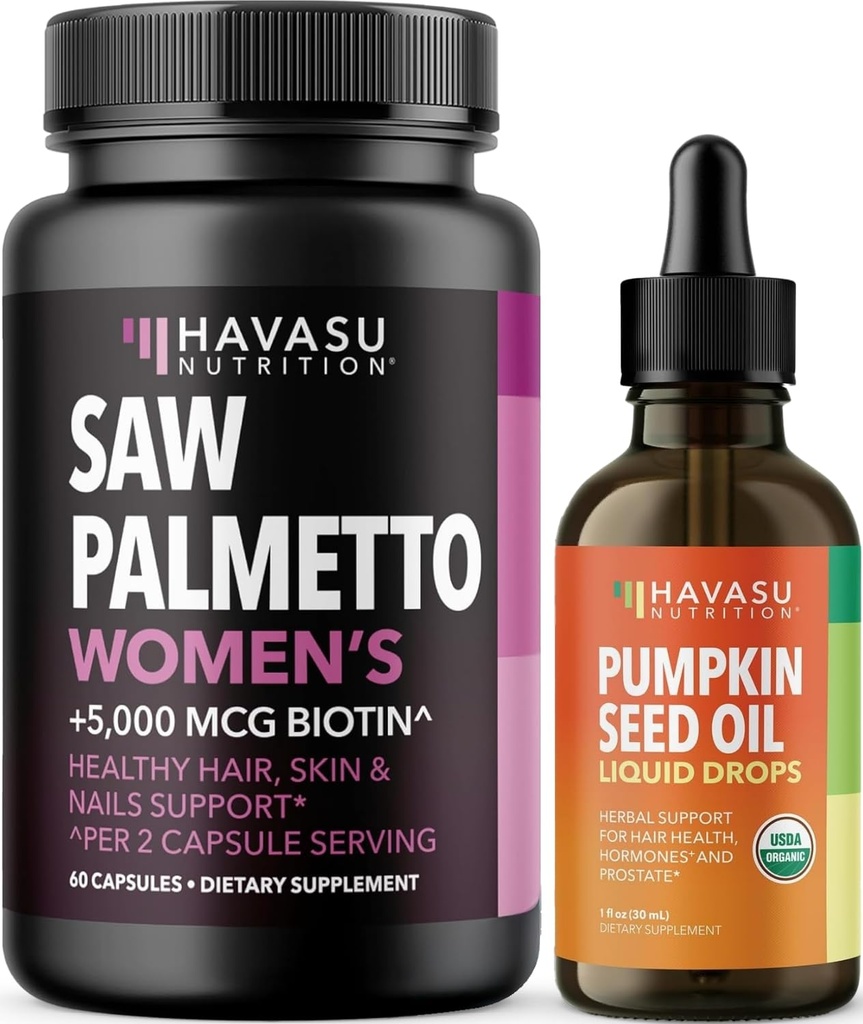 HAVASU NUTRITION USDA Bio Kürbis Seed Öltropfen (60 Servierungen) & Saw Palmetto für Frauen Haar Complex (30 Servierungen)