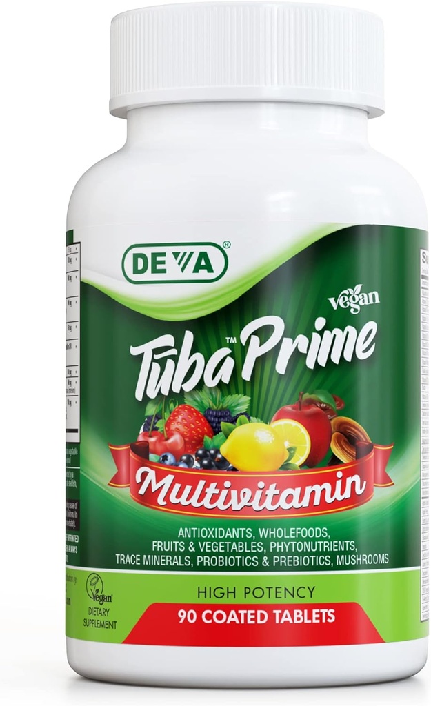 DEVA Tuba Prime Vegan Multivitamin - Vitamin und Mineralische Nahrungsergänzung - Antioxidantien, Frucht- und Gemüsemischung, Super Pilze, Probiotika, Präbiotika, Samen, Kräuter - 90 Tabletten