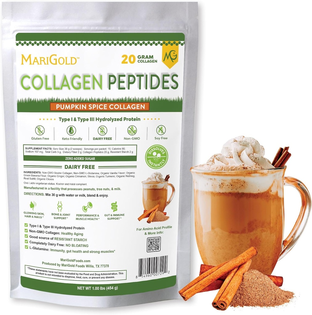 MariGold Grasgefütterte Collagen Peptide Pulver Kürbis Gewürz 1LB - 100% rein, Typ I & III Bovine hydrolysierte Collagen, Non-GMO, Hormone frei, Soja frei, Glutenfrei, Dairy frei, Keto-Friendly