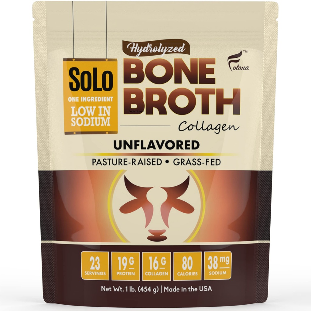 Solo Bone Broth Protein Collagen Powder Low Sodium, 16g hydrolysierte Collagen Typ I & III, für Gesunde Haut, Nägel, Haar, Gelenke & Digestion, Gras Fed, 1 lb (Bag - Net Wt. 1 lb. Pulver)
