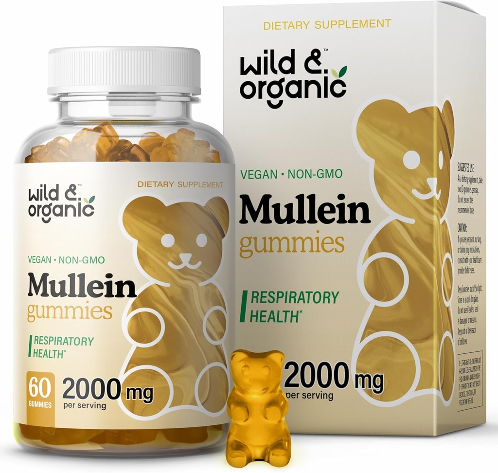 Wild & Organic Mullein Gummis für Lungs 2000mg - Lung Detox und Cleanse - Vegan Mullein Leaf Gummis für Immununterstützung - 60 Non-GMO Kräuterextrakt Kauen