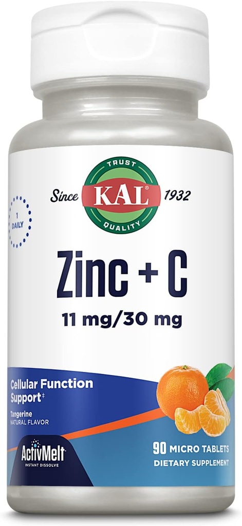 KAL Zink Plus C, Instant Dissolve Vitamin C und Zink, Cellular Function and Immune Support, Optimale Absorption, natürliche Tangerine Flavor, 60-Tage Geld-Back-Garantie, 90 Servietten, 90 Micro Tablets