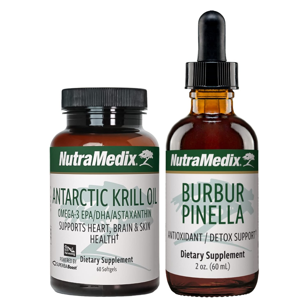 NutraMedix Brain Support Bundle - Inklusive Artic Krill Oil Softgels und Burbur Pinella Flüssigkeitstropfen für kognitive Gesundheit, Detox und Gehirnunterstützung - 2-teilige Ergänzung Set für kognitive Unterstützung