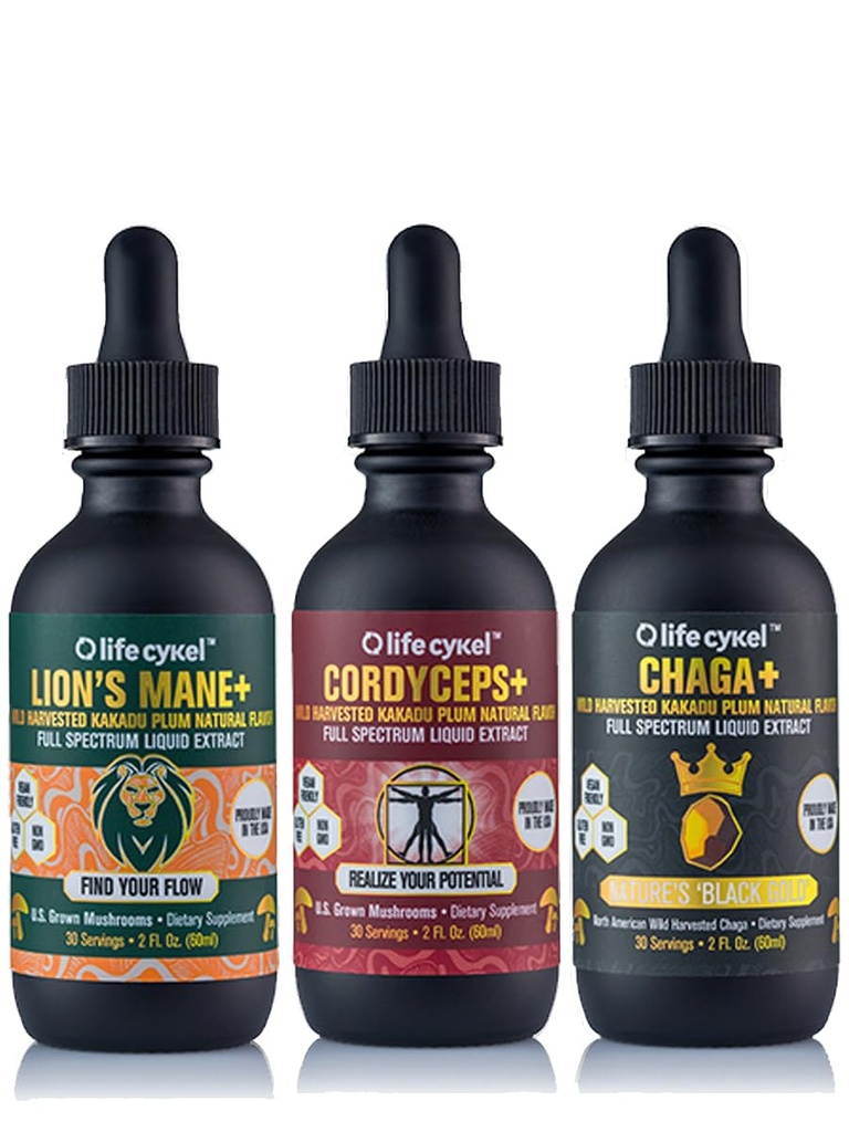 Life Cykel This is It Pack - Chaga, Lion's Mane & Cordyceps Mushroom Extract - Full-Spectrum Mushroom Tincture for Energy, Mental Clarity & Immune Support - Vegan, Non-GMO- 2Fl/Oz Per Bottle
