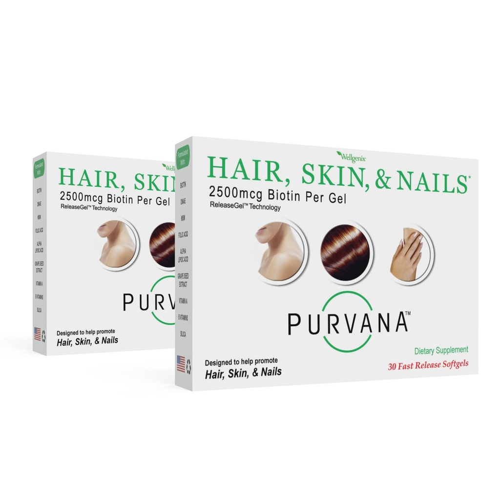 Wellgenix Purvana Haar, Haut und Nägel Vitamin - Weichgele für hohe Absorption - Doppelstärke 2500mcg Biotin, VIT A & B (30 Count) (Pack von 2)