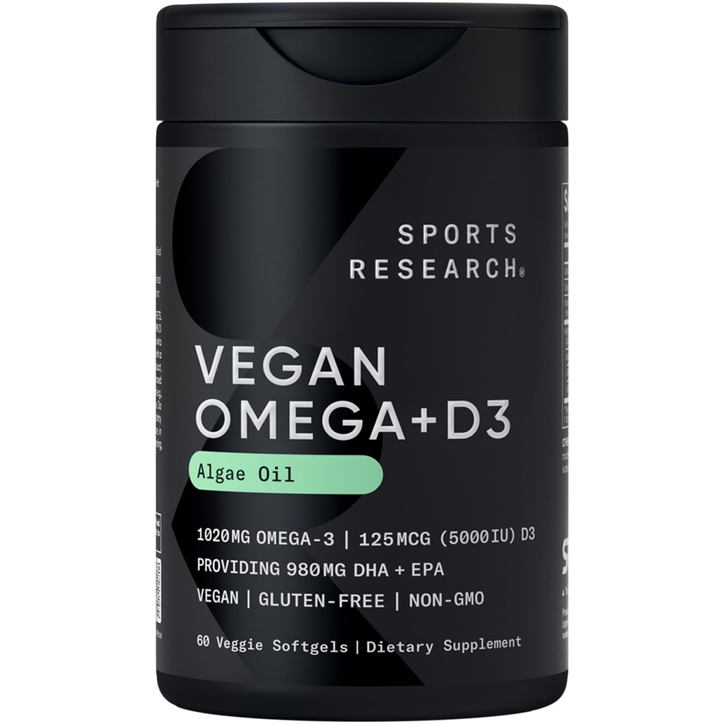 Sportforschung Vegan Omega-3 mit Vitamin D3 Softgels - 1020mg Omega-3 & 5000iu D3 Supplement - Fischöl Alternative mit Vitamin D Pflanzenbasierte Unterstützung von Algae Öl - 60 Veggie Softgels für Erwachsene