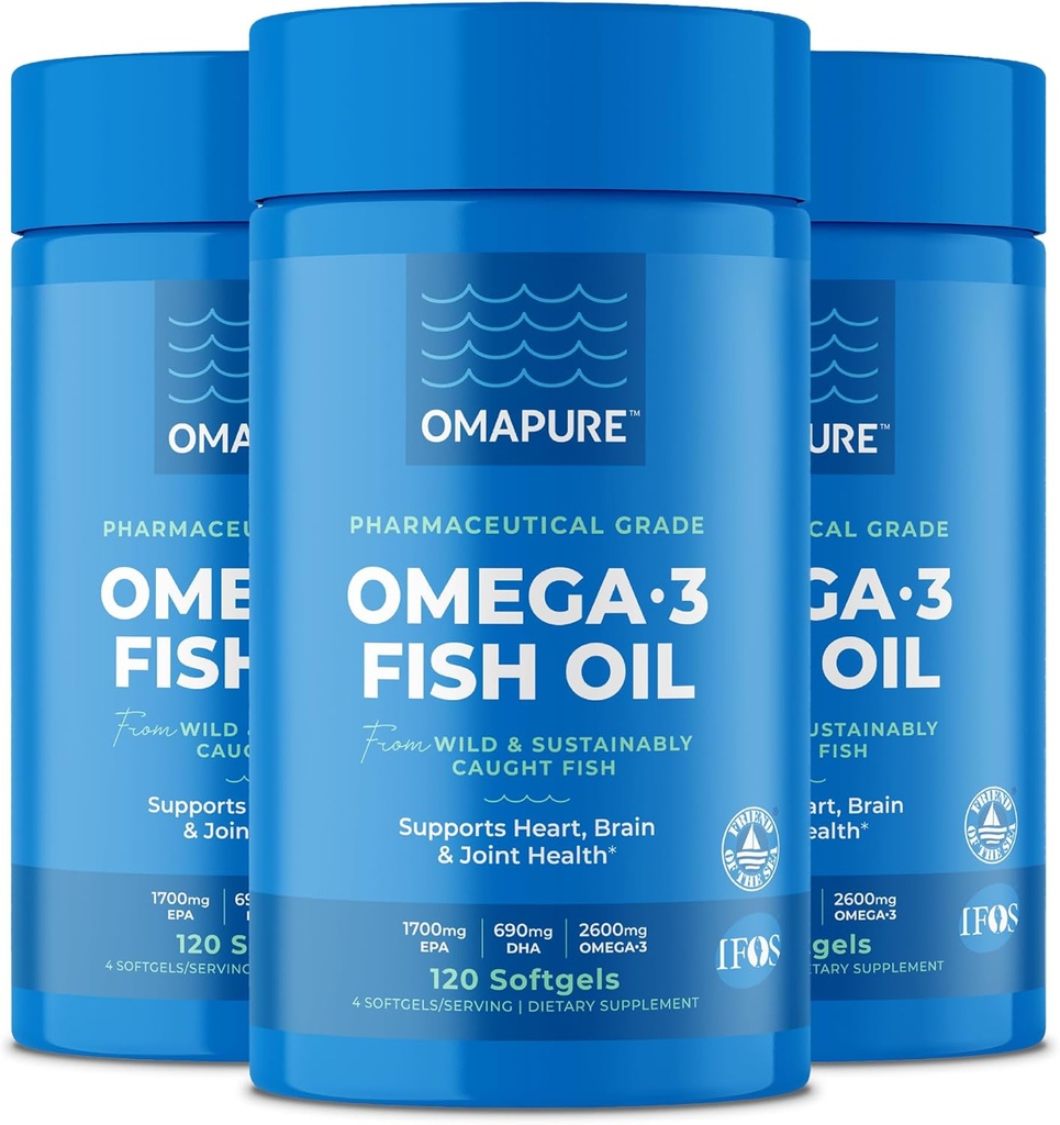 OMAPURE Fischöl Ergänzungen mit Omega 3 Fettsäuren (3 Flaschen, 120 Softgels) - High EPA, DHA, & IFOS Fischöl Pillen unterstützen Herz & Gelenke Gesundheit - Burpless Fischöl fördert Gehirnfunktion