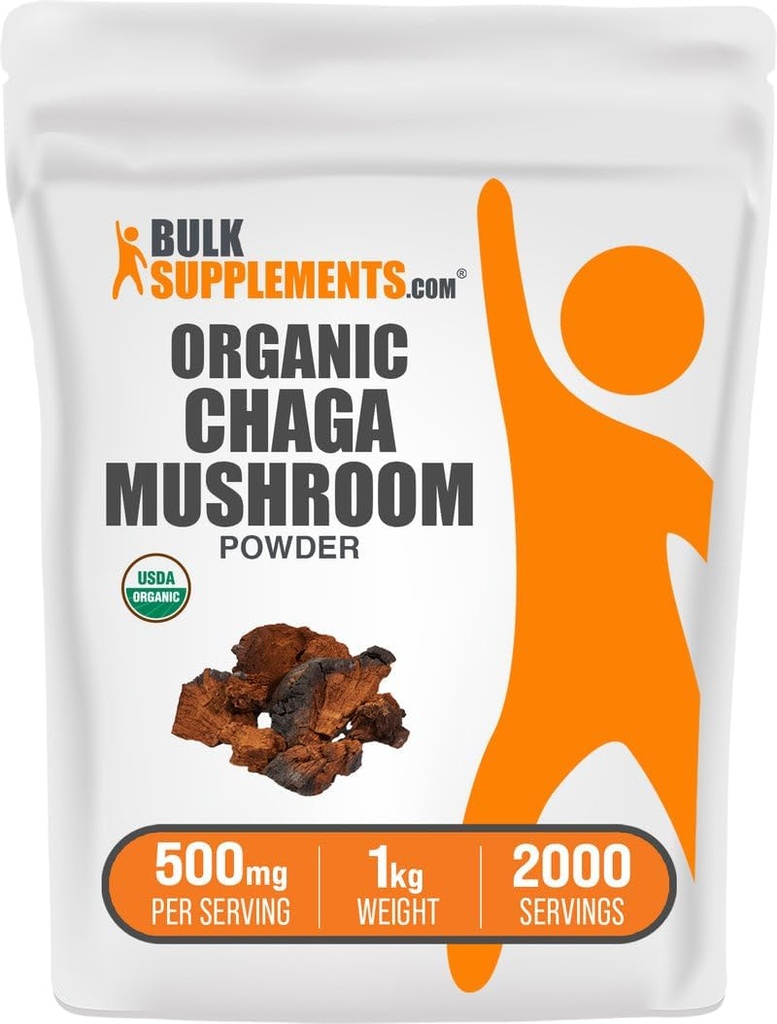 BulkSupplements.com Organic Chaga Mushrooms Powder - Chaga Mushroom Supplement, Superfood Supplement - Vegan & Gluten Free, 500mg pro Servierung, 1kg (2.2 lbs) (Pack von 1)