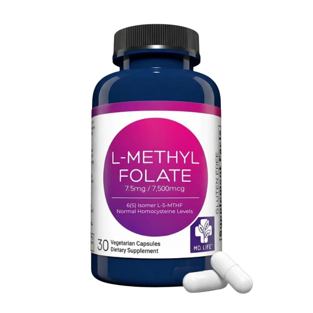 MD Life L-Methylfolat 7.5 mg Supplement - Professional-Grade Active L Methylfolate Supplement - 30 Kapseln - L-Methylfolat 7.5mg - Maximale Potenz MTHFR W/ Essential Amino Acids
