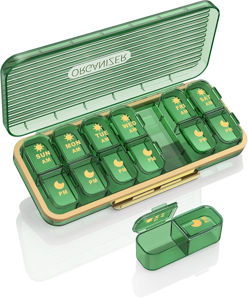 Pill Organizer 2 Mal A Day, 7 Tage Am Pm Pille Box - Acedada Wöchentliche Pille Organizer mit separatem Container, Portable Daily Medicine Planner Dispenser Case für Vitamin, Fischöle, Beilagen, Grün