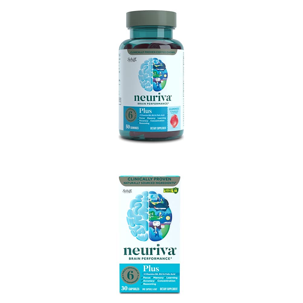 NEURIVA Nootropic Brain Support Supplement - Plus Erdbeergummis (50 Count in a Bottle) mit Nootropic Brain Support Supplement - Plus Kapseln (30 Count in a Box)