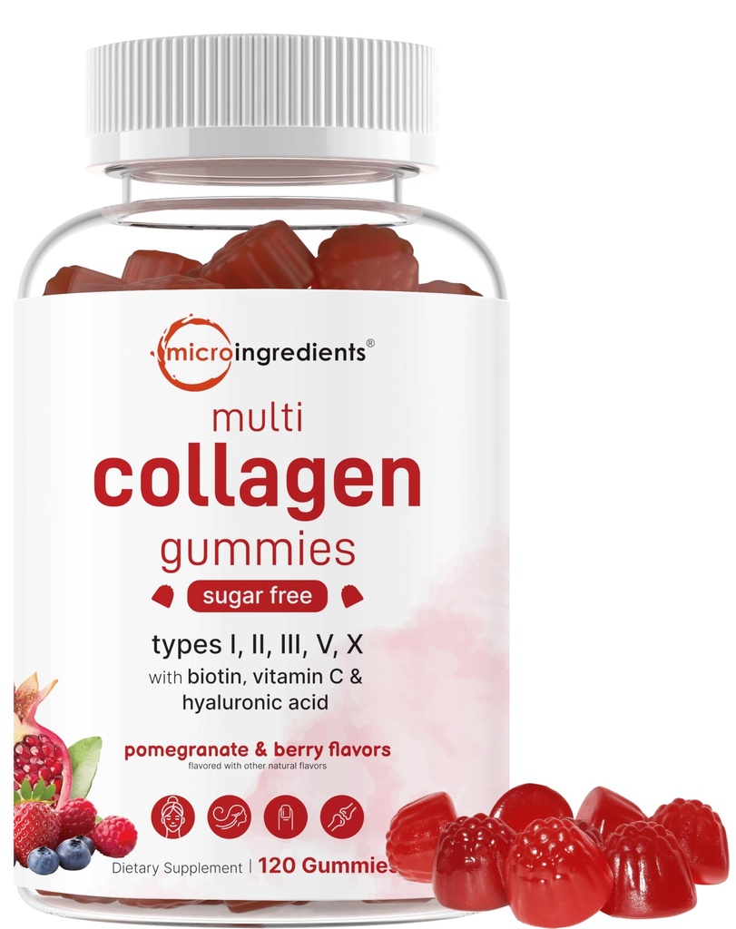Micro Ingredients Multi Collagen Peptide, 120 Collagen Gummies | Typ I,II,III,V,X Protein mit Biotin, Hyaluronsäure, & Vitamin C Complex | Granatapfel & Berry Flavored | Sugar Free, Non-GMO