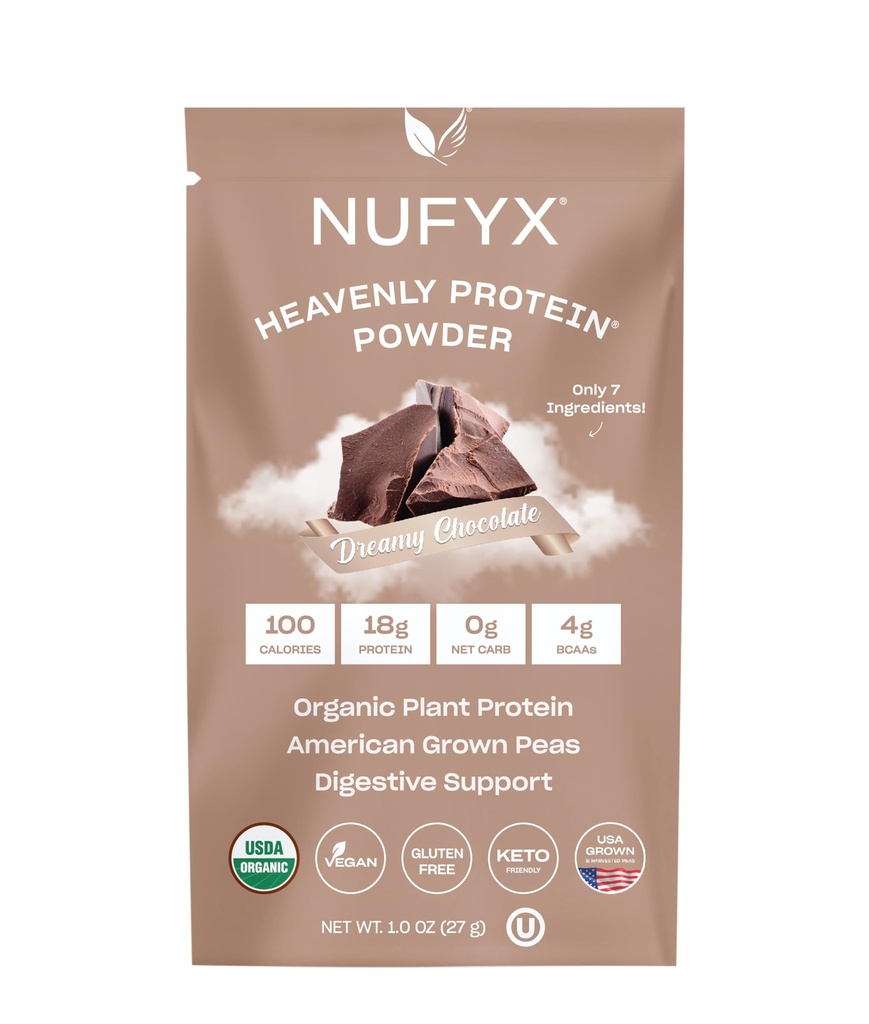 NUFYX® • Himmlisches Protein®-Pulver • Welt feinste 100% organische amerikanische Grown-Bäse • Vegan • Glutenfrei • Low Carb (Dreamy Chocolate, Packet)