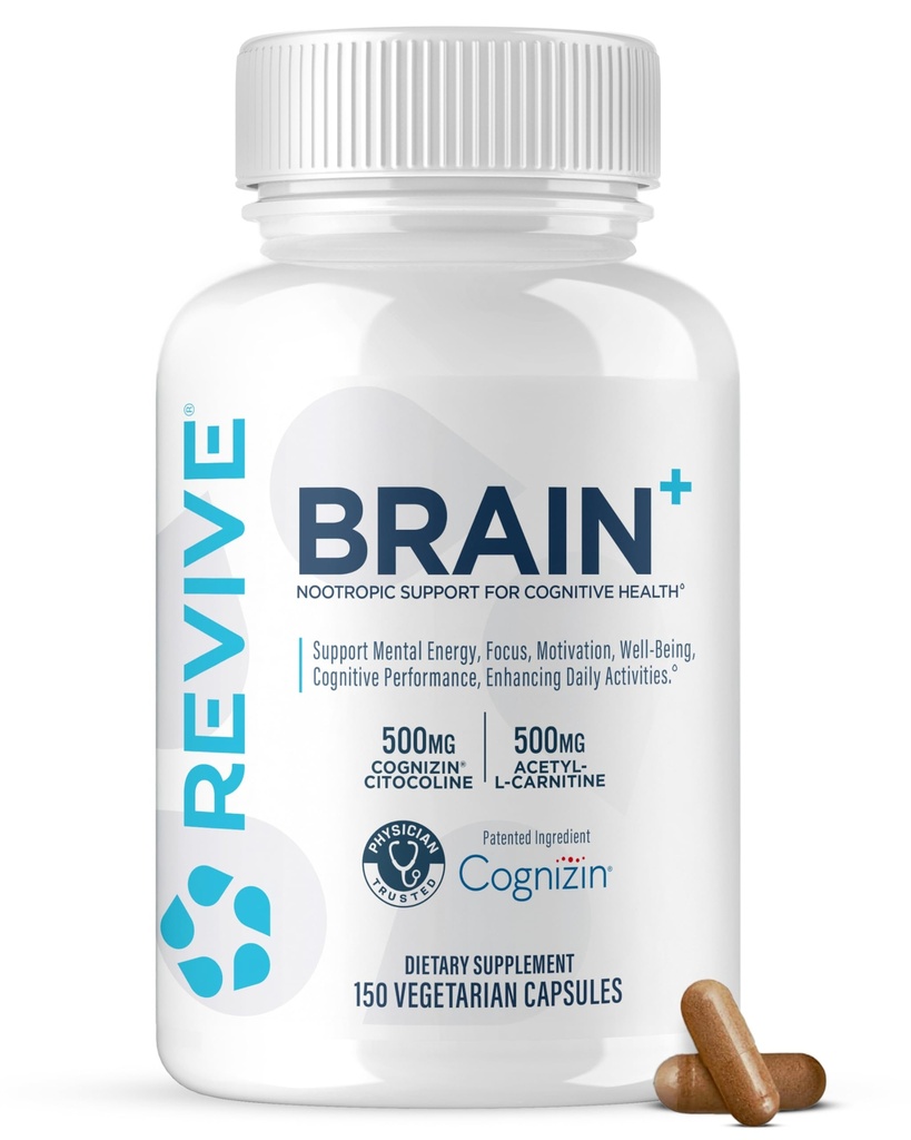 Revive MD Brain Ergänzungen für Memory & Focus, Brain Plus - Stimulant Free Nootropic Supplement für kognitive Gesundheit mit Niacin, Vitamin B6 & B12, Acetyl-L-Carnitin HCL & Alpha-GPC- 150 Kapseln