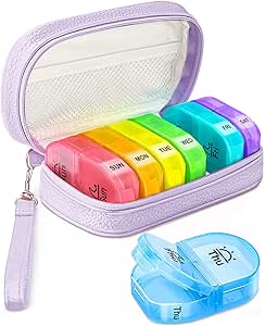 Süße Pille Organizer 2 Mal am Tag, PU-Leder Pille Fall für Frauen, Tragbare wöchentliche Pille Box für Geldbeutel mit Aufbewahrungstasche Vitamine, Medikamente, Fischöle, Beilagen (Purple)
