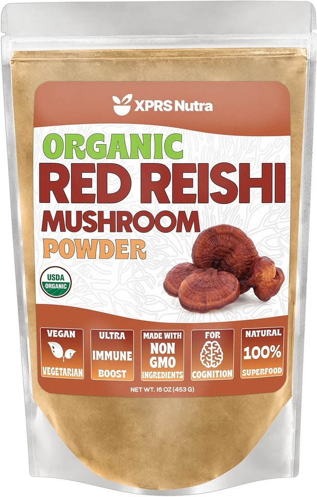 XPRS Nutra Organic Red Reishi Pilzpulver - Premium Reishi Pulver für Kognition - Vegan Reishi Pilze für Langlebigkeit und Energie (16 Unze)