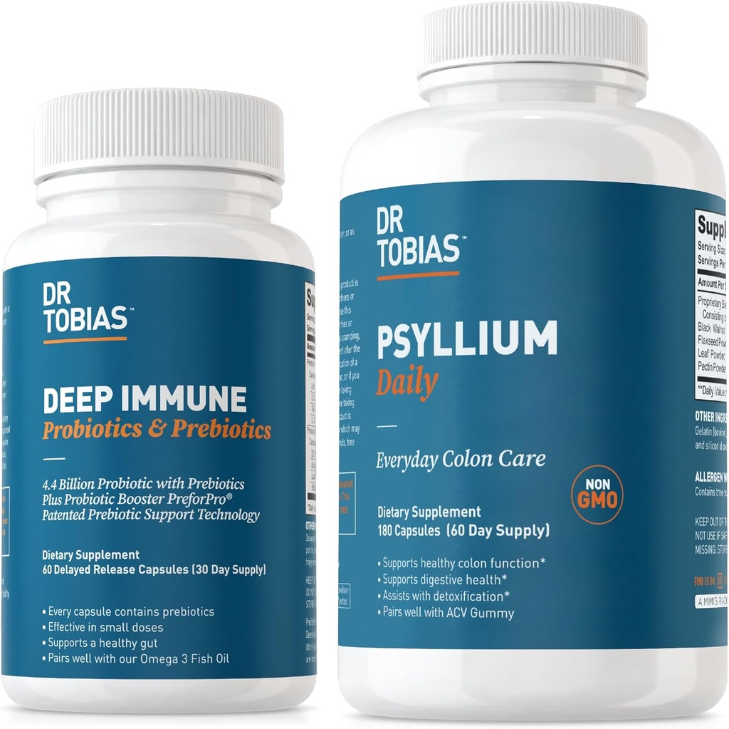 Dr. Tobias Deep Immune Probiotics & Prebiotics und Psyllium Daily, unterstützt Verdauungs-Gesundheit, Gut Immun-Funktion, Tägliche Faser-Ergänzung zur Unterstützung von Colon Health mit 4.4. Billing CFU