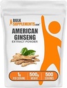 BulkSupplements.com American Ginseng Extract Powder - Ginseng Supplement, Kräuterergänzungen - Glutenfrei, 1g pro Servierung, 500g (1.1 lbs) (Pack von 1)
