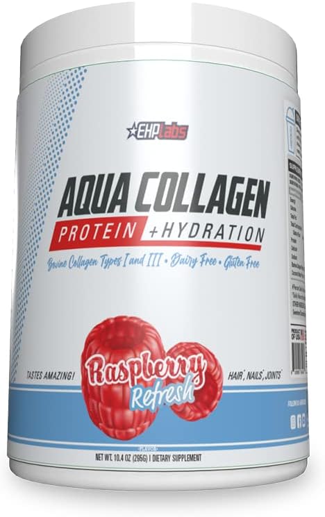 EHP Labs Aqua Hydrolysed Collagen Peptides Powder - 10g Protein per Serving, Hydration & Gut Health Support, Gras Fed Weide-Raised Bovine Collagen, Typ I & III, 24 Servierungen (Raspberry Refresh)