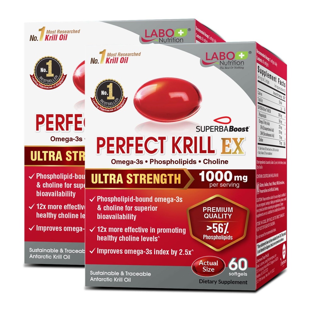 LABO Nutrition Perfect Krill EX, 1000mg Antarctic Krill Oil Omega 3 EPA DHA, Höchste Phospholipide (Over 56%) mit Choline, Astaxanthin | Heart Brain Eye Joint Health, Made in USA, 60 softgelsX2