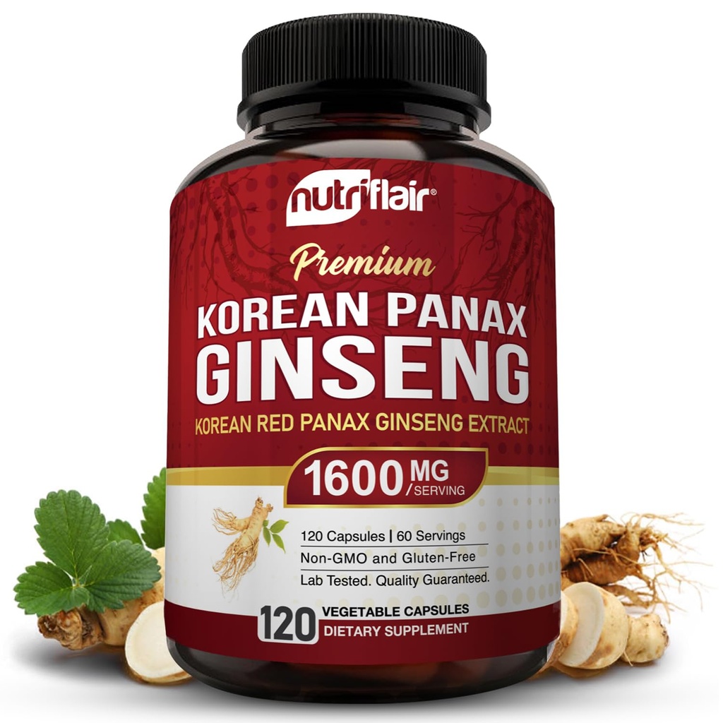 NutriFlair Korean Red Panax Ginseng 1600mg – 120 Vegan Kapseln | 5% Ginsenosides | Non-GMO, Gluten-Free | Natural Energy & Focus Support | Made in USA