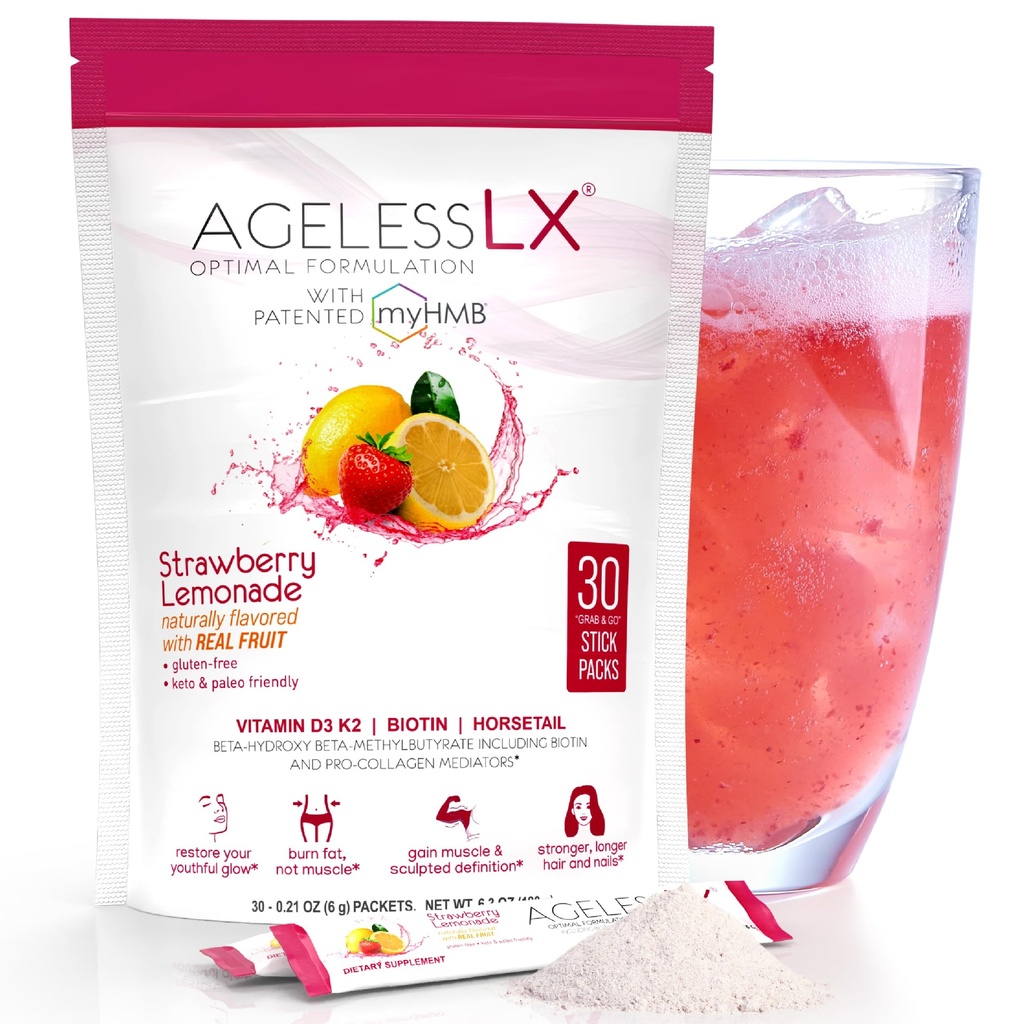 AgelessLX Powder Supplement für Damen - mit HMB Collagen Enhancer Plus Vitamin D3 mit K2, Pferdeschwanz und Biotin für Lean Muscle und stärkere Haare und Nägel - 30 Pulver-Packets Erdbeer-Lämonade