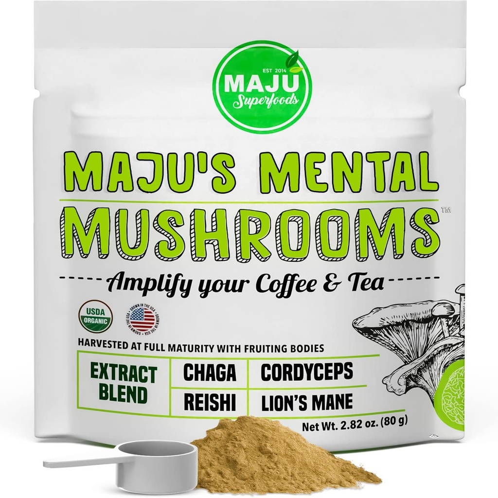 MAJU's Mental Mushroom Powder Extract, Strong Lions Mane, Chaga, Reishi, Cordyceps, Fruchtkörper für Kaffee, Immunsystem Booster, Nootropic Brain Supplement, Speicher, Organische Pilze