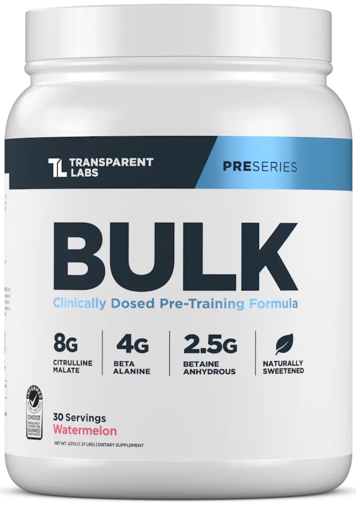 Transparent Labs Bulk Pre Workout Pulver - Natürlich gesüßt Preworkout für Männer & Frauen, Pre Work Out für Muskelaufbau & Stärke w/Beta Alanine & BetaPure - 30 Servierungen, Wassermelone