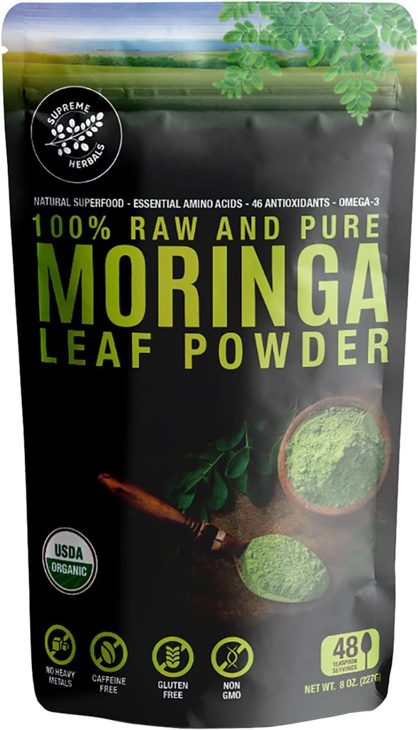 100% Raw und reine Moringa Blatt Pulver. Bio Certified Moringa Leaf. Natürliche Superfood mit essentiellen Aminosäuren, Antioxidantien und Omega 3, 8 Unzen reaktionsfähige Tasche.
