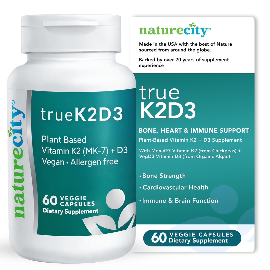NatureCity TrueK2D3 Plant Based Vitamin K2 MK7 (90 mcg) & D3 from Algae(2,500 IU) 2 in 1 Vitamin D3 K2 Supplement for Bone, Heart and Immune Health – 60 Veggie Capsules