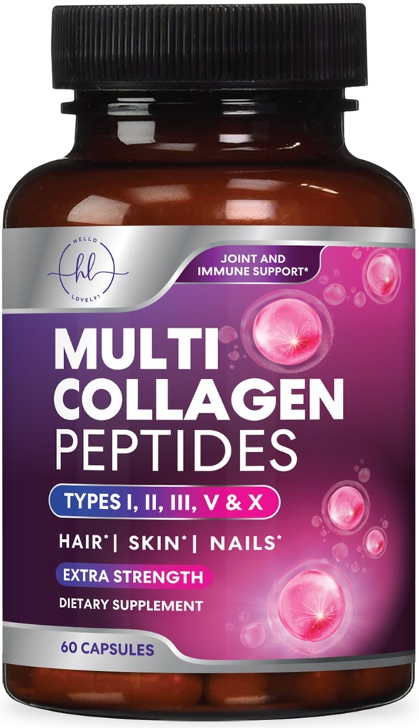 Multi Collagen Supplement 2400 mg - Typen I, II, III, V & X Multi Collagen Peptide Pillen für Frauen & Männer, hydrolysierte Collagen Supplements, Haar, Haut, Nagel, & Joint Support Supplement, 60 Kapseln