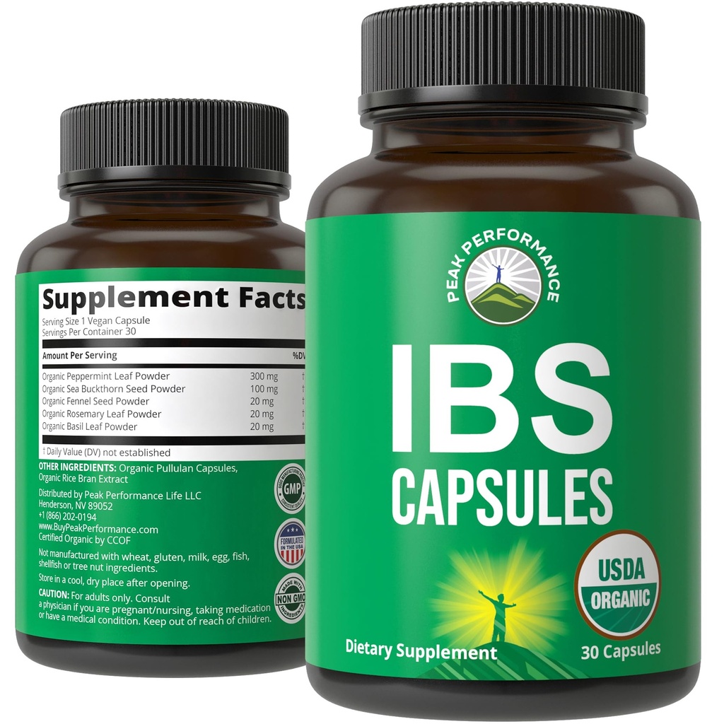 USDA Organic IBS Kapseln für Relief, Ingestion, Bloating, Gas. Irritable Bowel Supplement mit 5 Handpicked Organic Ingredients. Pfefferminzöl, Sea Buckthorn, Fennel Seed, Rosmarin Blatt, Basil Blatt