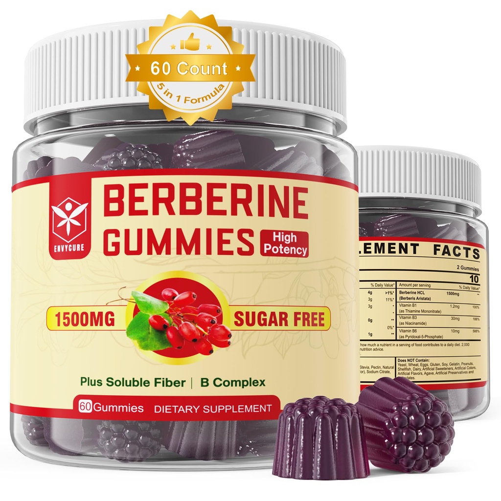 Berberine Supplement 1500mg mit Soluble Fiber, B1, B3 & B6, Sugar Free Berberine HCL Gummies, High Bioavailability AMPK Activitor für Mętâbõlism Balanced, Daily Digestive & Body Mânâgęmęnt, 60 Cts