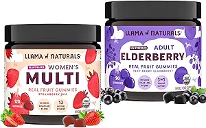 Llama Naturals Adult Elderberry Gummies + Women's Multivitamin Gummis Bundle | Nein Hinzugefügt Zuckerrohr | Vegan | Organic | 2 Flaschen