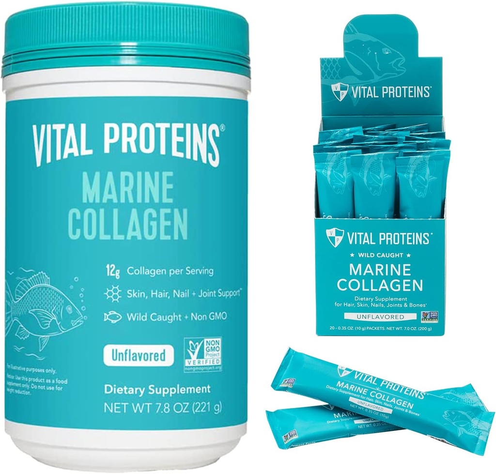 Vitalproteine Marine Collagen Peptide Pulverergänzung 7.8 Unze Canister + Stick Packs (10 g) (Box von 20)