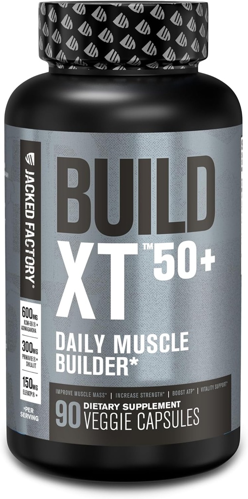 Jacked Factory Build-XT 50+ Daily Muscle Builder - Muscle Recovery Supplement & Muscle Builder für Männer und Frauen mit KSM-66 Ashwagandha, Primavie Shilajit, ElevATP, & Astragin - 90 Count