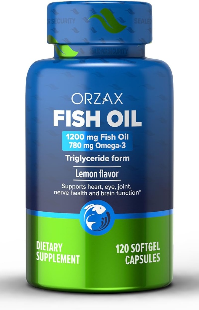 ORZAX Omega 3 Fish Oil 1200 mg - EPA DHA Omega 3 Supplement - Fördert Herz, Auge, Gelenk, Nerven, Immune, Gehirn und Blut Gesundheit - Burpless & Lemon Flavored - Non-GMO - 120 Softgels - 60 Tage Versorgung
