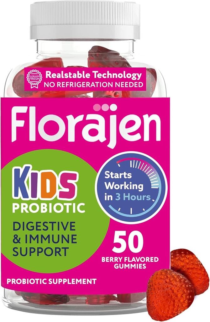 Florajen Kids Probiotic Gummies - Triple-Action Prebiotic, Probiotic, & Postbiotic Supplement für Verdauungs-Gesundheit, Immununterstützung, & Bloating Relief - bio, Vegan, & Glutenfrei - 50-Count
