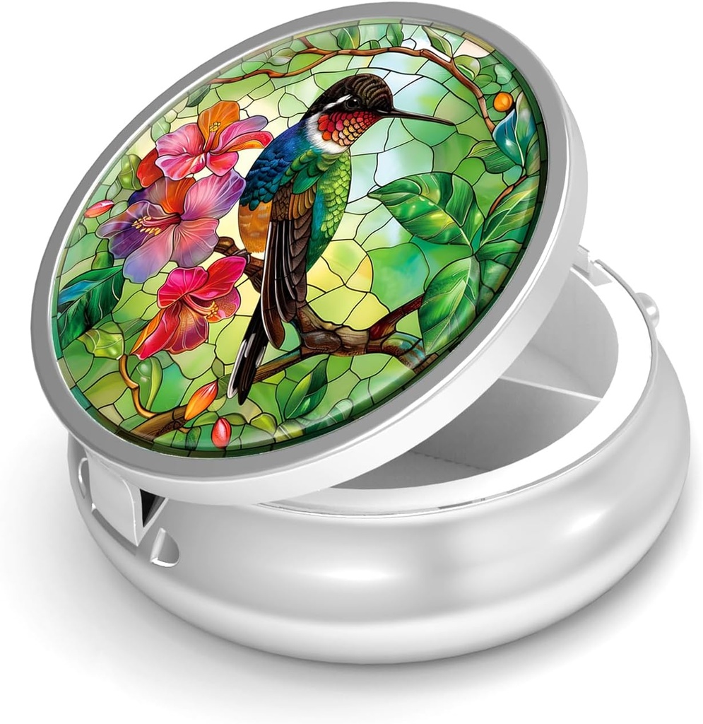Pille Box-3 Compartment Small Pill Case für Geldbeutel &amp; Tasche Mini Metall Pille Halter Reisen Pille Container Nahrungsergänzungsmittel Vitamine BPA-frei (Hummingbird)