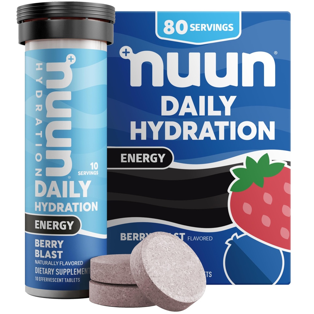 Nuun Energy Electrolyte Tabletten mit Ginseng, Koffein aus Grüner Tee-Extrakt, Vitamin B12, B6, B5, Magnesium & 4 Andere Elektrolyte, Glutenfrei & Vegan, Berry Blast, 8 Pack (80 Portionen insgesamt)